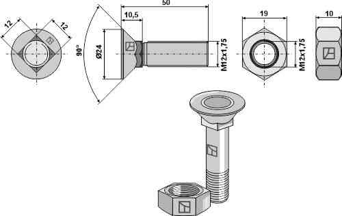 Ploegbout M12x1,75x50 en zeskantmoer