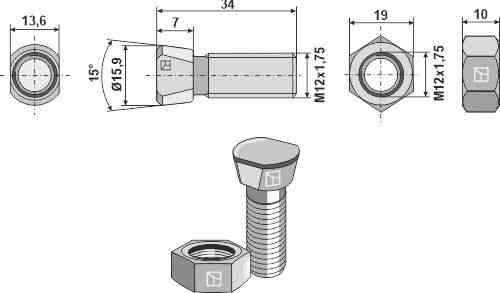 Plough bolt M12 x 1,75 x 34 with hexagon nut