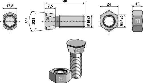 Scharschraube M16 x 2 x 40 mit Sechskantmutter geeignet für Frost 50790