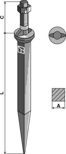 Sead harrow tooth from boron steel, neck with 2 snugs along the direction of motion