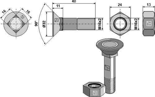 Ploegbout M16x2x40 met zeskantmoer passend voor Lemken 3016142