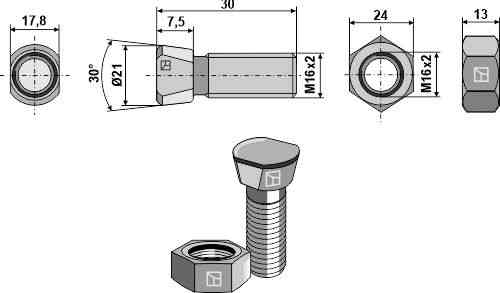 Ploegbout M16 x 2 x 30 met zeskantmoer passend voor Frost 50788