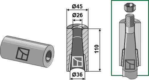 Welding bushs for tines with locking piston