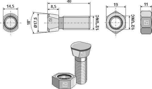 Plough bolt 1/2''UNCx40 with hexagon nut