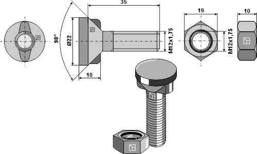 Ploegbout  M12 x 1,75 x 35 en zeskantmoer passend voor Kverneland KK033107