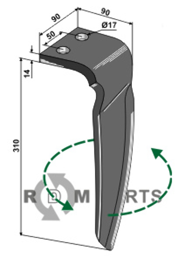 Tine for rotary harrows, left model