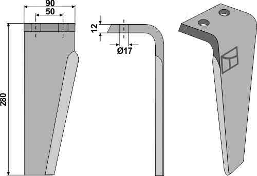 Tine for rotary harrows, right model fitting for Muratori 12012300