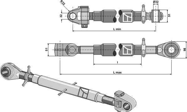 Top-links M36 x 3 with hardened tie-rods and swivelling tie-rods