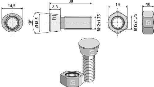 Ploegbout M12x1,75x30 met zeskantmoer (nieuw) passend voor Rabe 2700.41.12
