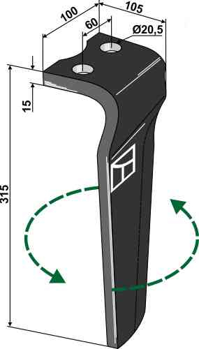 Tine for rotary harrows, left model fitting for Howard 73000185599V