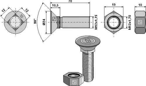 Plough bolt DIN 608 M12 x 1,75 x 70 with hexagonal nut