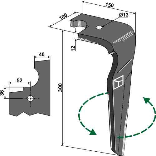 Tine for rotary harrows, left model