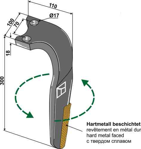 Hartmetallbeschichteter Kreiseleggenzinken, linke Ausführung geeignet für Rabe 8411.62.08 - 8411.62.09
