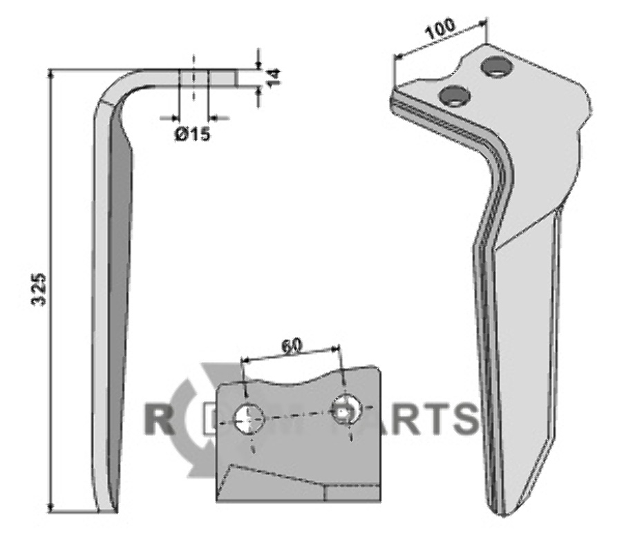 Tine for rotary harrows, right model fitting for Howard 182940