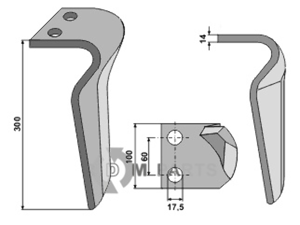 Tine for rotary harrows, left model fitting for Rau 0044503