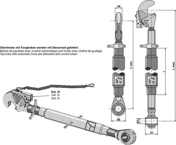 Top-links M36 x 3 with automatic hook and tie-rod