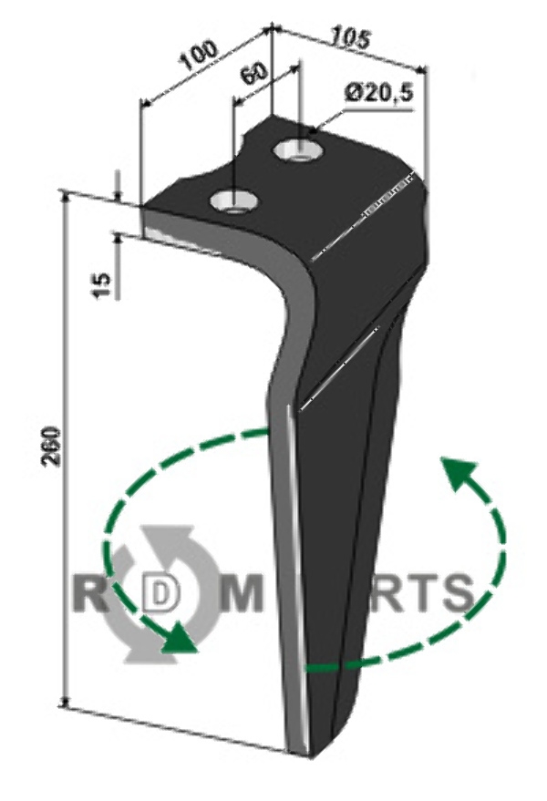 Tine for rotary harrows, left model fitting for Howard 73000185596V