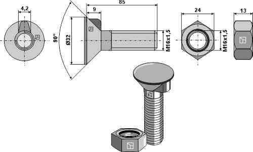 Ploegbout vergelijkbaar met DIN 604 M16 X 1,5 X 85 met zeskantbout