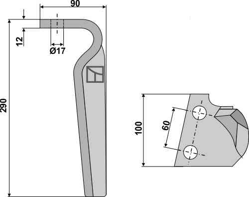 Tine for rotary harrows, left model fitting for Feraboli 7U00032