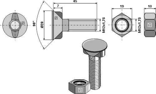Ploegbout M12x1,75x45 met zeskantmoer