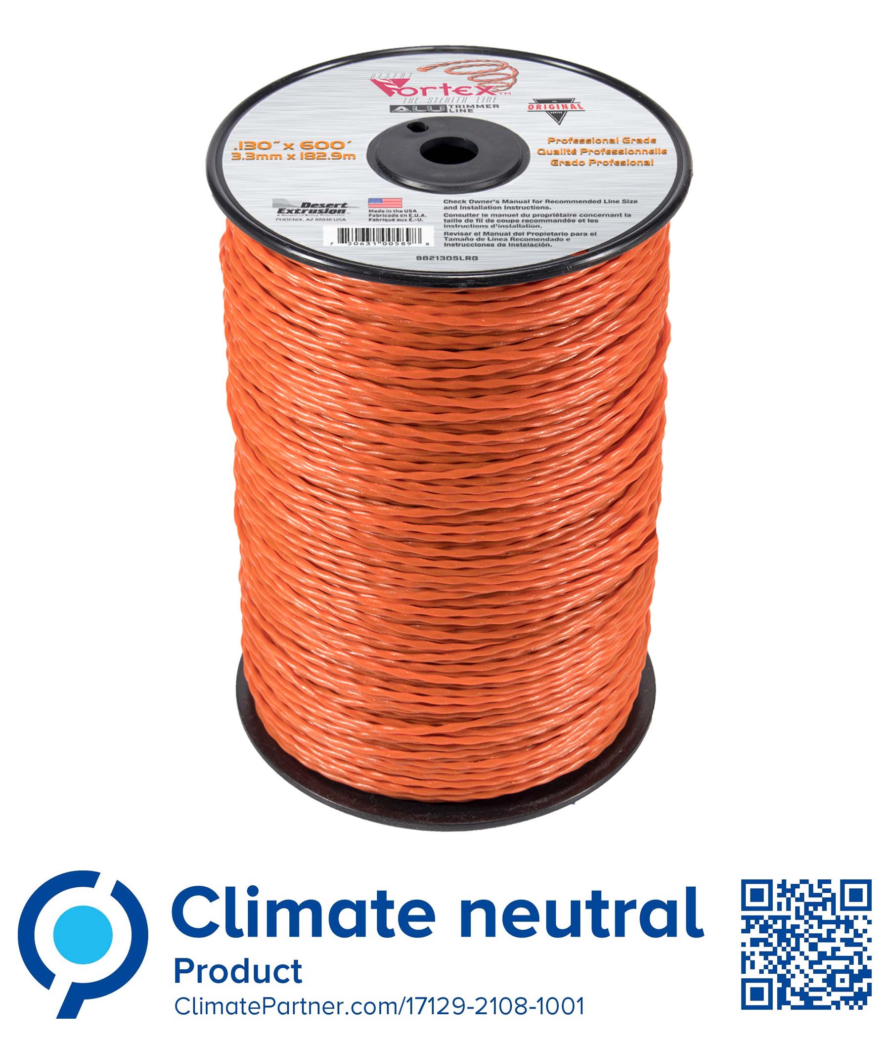 Trimmer line vortex alu - large spool orange .130" / 3,3 mm 600' / 182.9 m