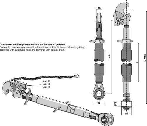 Top-links M36 x 3 with automatic hook and tie-rod