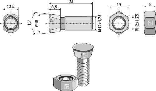 Scharschraube M12x1,75x32 mit Sechskantmutter geeignet für Niemeyer 502500