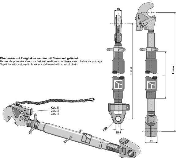 Top-links M36 x 3 with automatic hook and swivelling tie-rod