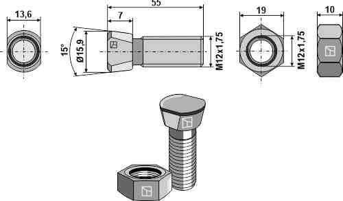 Scharschraube M12 x 1,75 x 55 mit Sechskantmutter geeignet für Kverneland KK013255