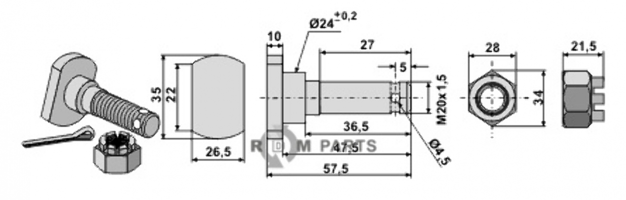 Mesbout m 20 x 1,5 met moer 63-hum-93