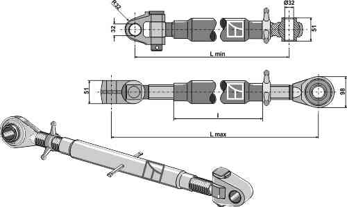 Top-links M36 x 3 with hardened tie-rods and swivelling tie-rods