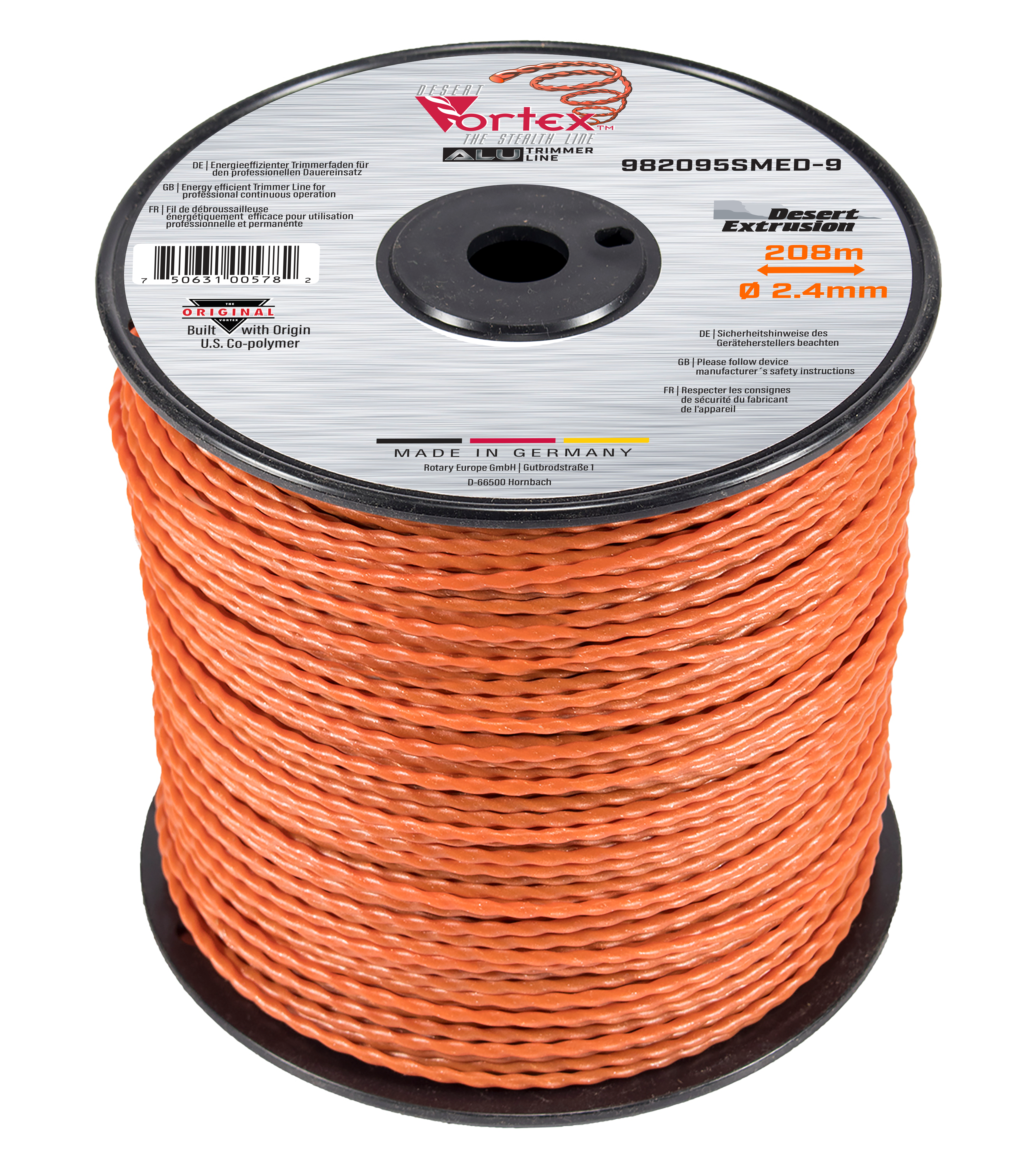 Trimmer line vortex alu - medium spool orange .095" / 2,4 mm 682' / 208 m