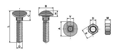 Bouten met ovale kop, vierkant en zeskantmoer