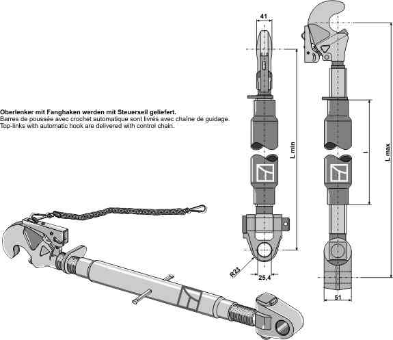Oberlenker mit Fanghaken und Gelenkkopf M30 x 3,5
