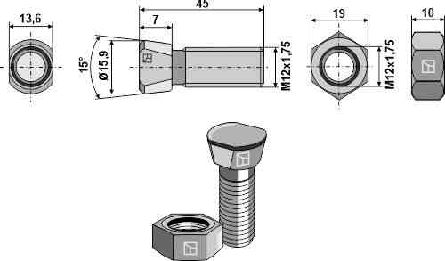 Scharschraube M12 x 1,75 x 45 mit Sechskantmutter