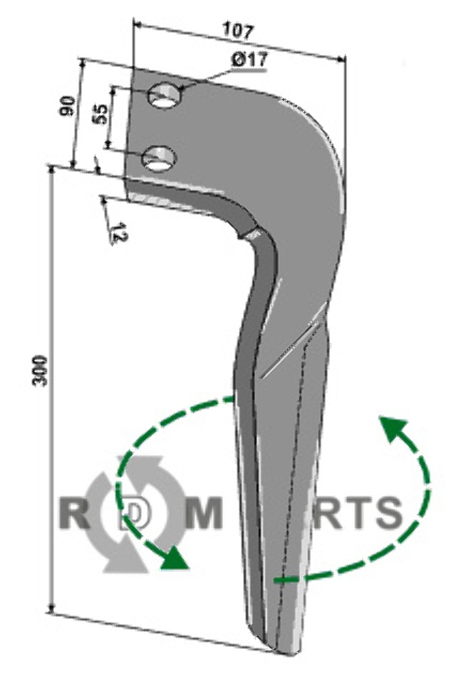 Tine for rotary harrows, left model