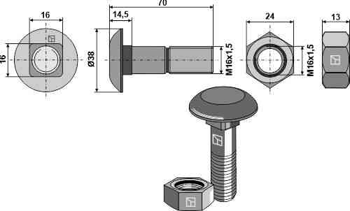Plough bolt M16 x 1,5 x 70 and hexagon nut
