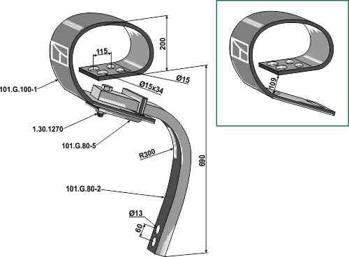 G-spring tine fitting for Kverneland RF15877