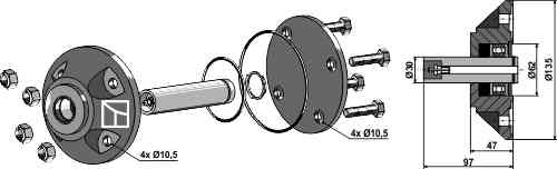 Deep groove ball bearing for coulters compl. with shaft Ø30mm fitting for Kverneland KK086087R