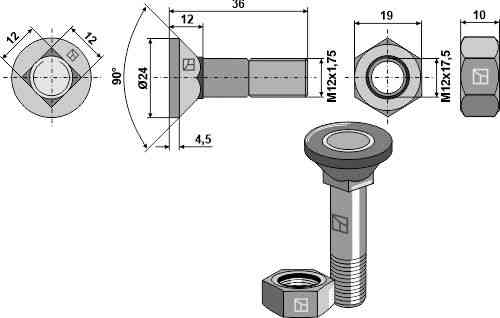 Ploegbout M12x1,75x36 met zeskantmoer passend voor Lemken 3015789