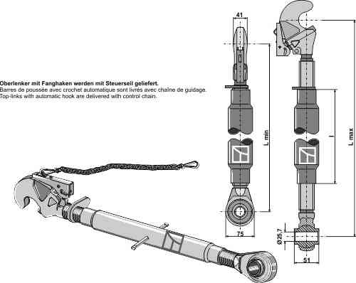 Top-links with automatic hook and tie-rods M30 x 3,5