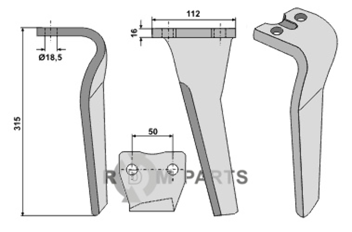 Tine for rotary harrows, left model