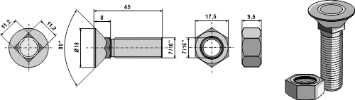 Pflugschraube 7/16''unf mit sechskantmutter 71645f10