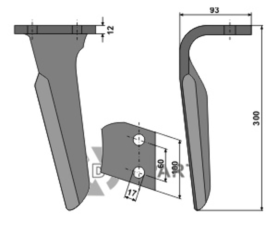 Tine for rotary harrows, right model fitting for Alpego D01270