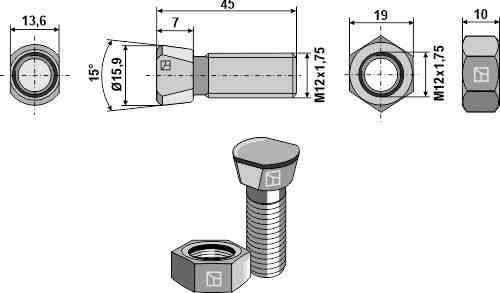 Scharschraube M12 x 1,75 x 45 mit Sechskantmutter geeignet für Kverneland KK013244