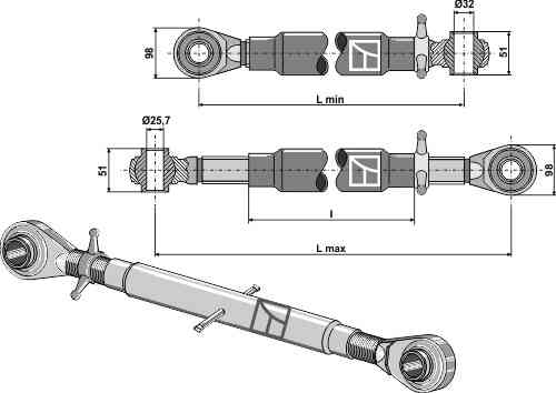 Oberlenker mit gehärteten Kugelaugen M36 x 3