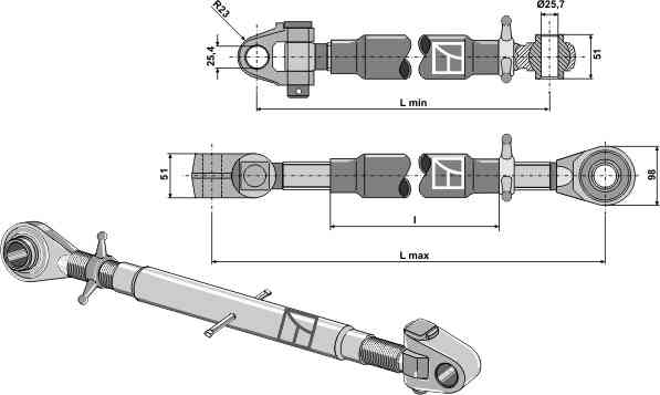 Top-links with hardened tie-rod and swivelling tie-rod M 36 x 3