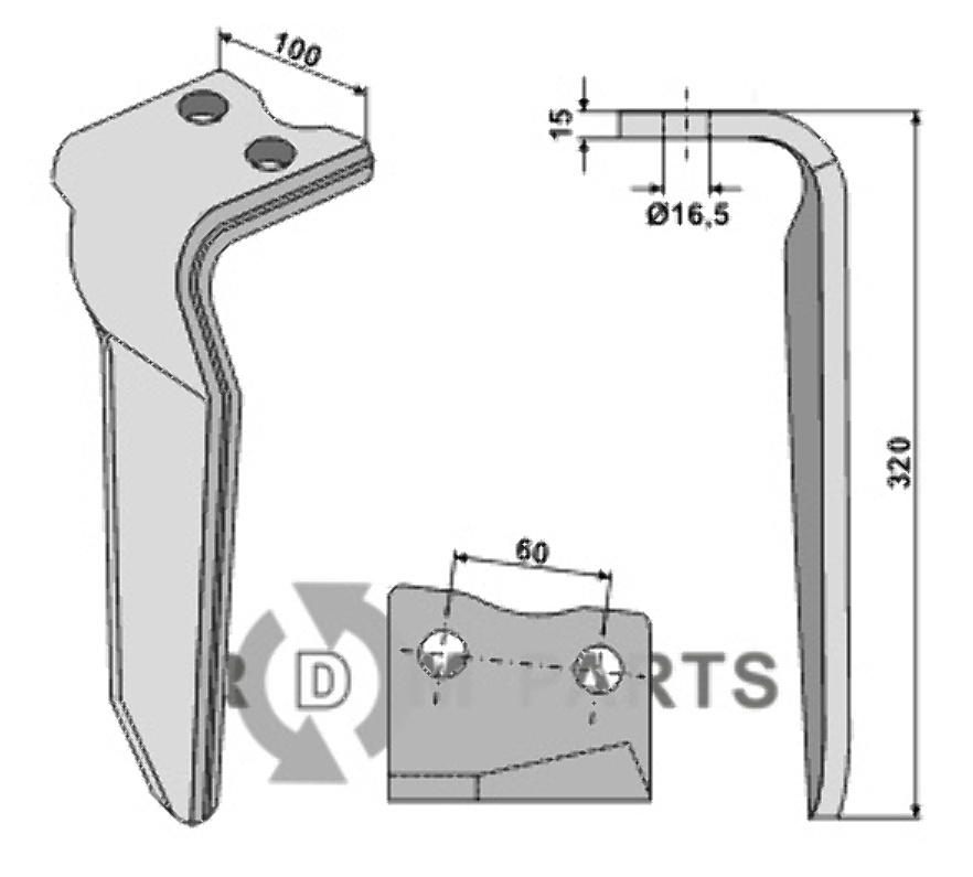 Tine for rotary harrows, left model fitting for Howard 185505