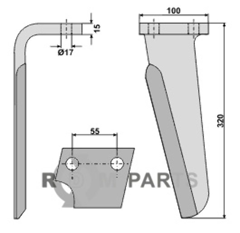 Tine for rotary harrows, left model