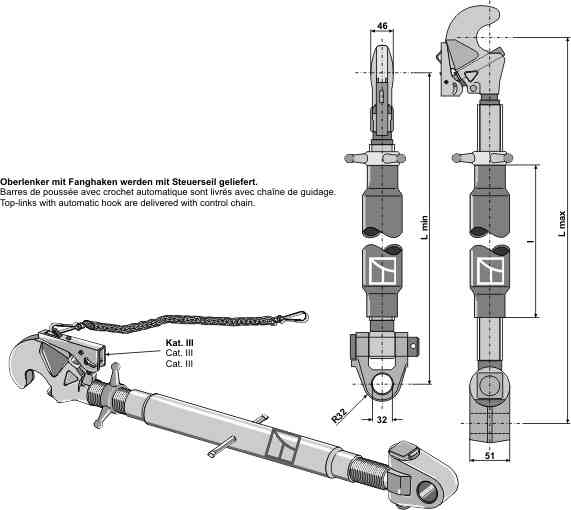 Top-links M36 x 3 with automatic hook and swivelling tie-rod